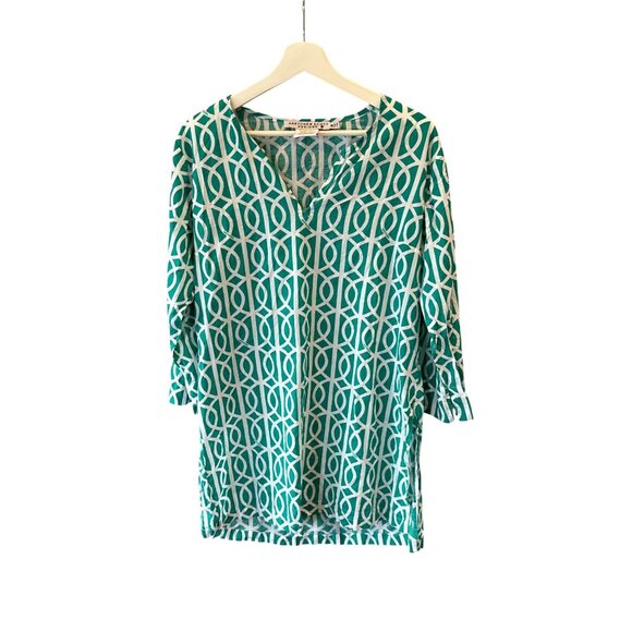 Gretchen Scott Green Tunic Top Medium Geometric Print 3/4 Sleeve Cotton Casual - Picture 1 of 9